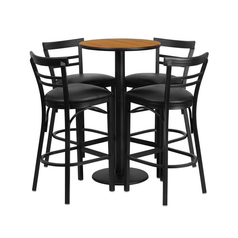 24” Round Natural Laminate Table Set with Round Base and 4 Two-Slat Ladder Back Metal Barstools – Black Vinyl Seat