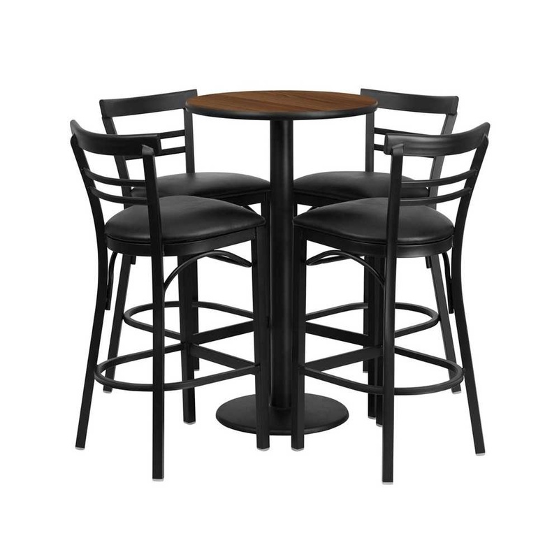 24” Round Walnut Laminate Table Set with Round Base and 4 Two-Slat Ladder Back Metal Barstools – Black Vinyl Seat