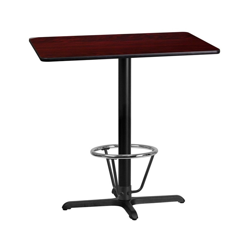 24” x 42” Rectangular Mahogany Laminate Table Top with 23.5” x 29.5” Bar Height Table Base and Foot Ring